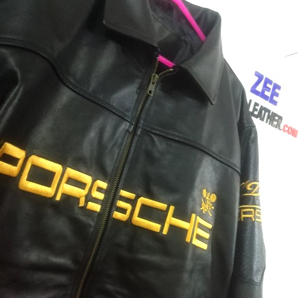 PORSCHE Black ALD Jacket Biker Real Cowhide with Embroidery - Image 5