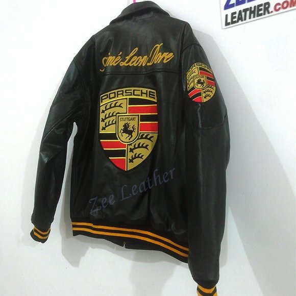 PORSCHE Black ALD Jacket Biker Real Cowhide with Embroidery - Image 3