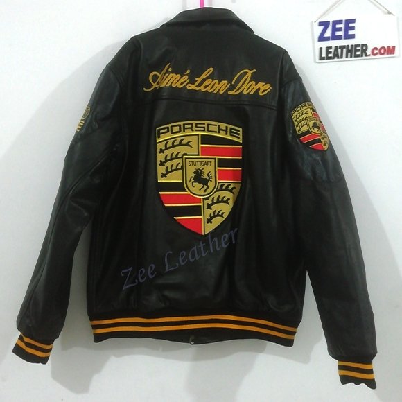 PORSCHE Black ALD Jacket Biker Real Cowhide with Embroidery - Image 2