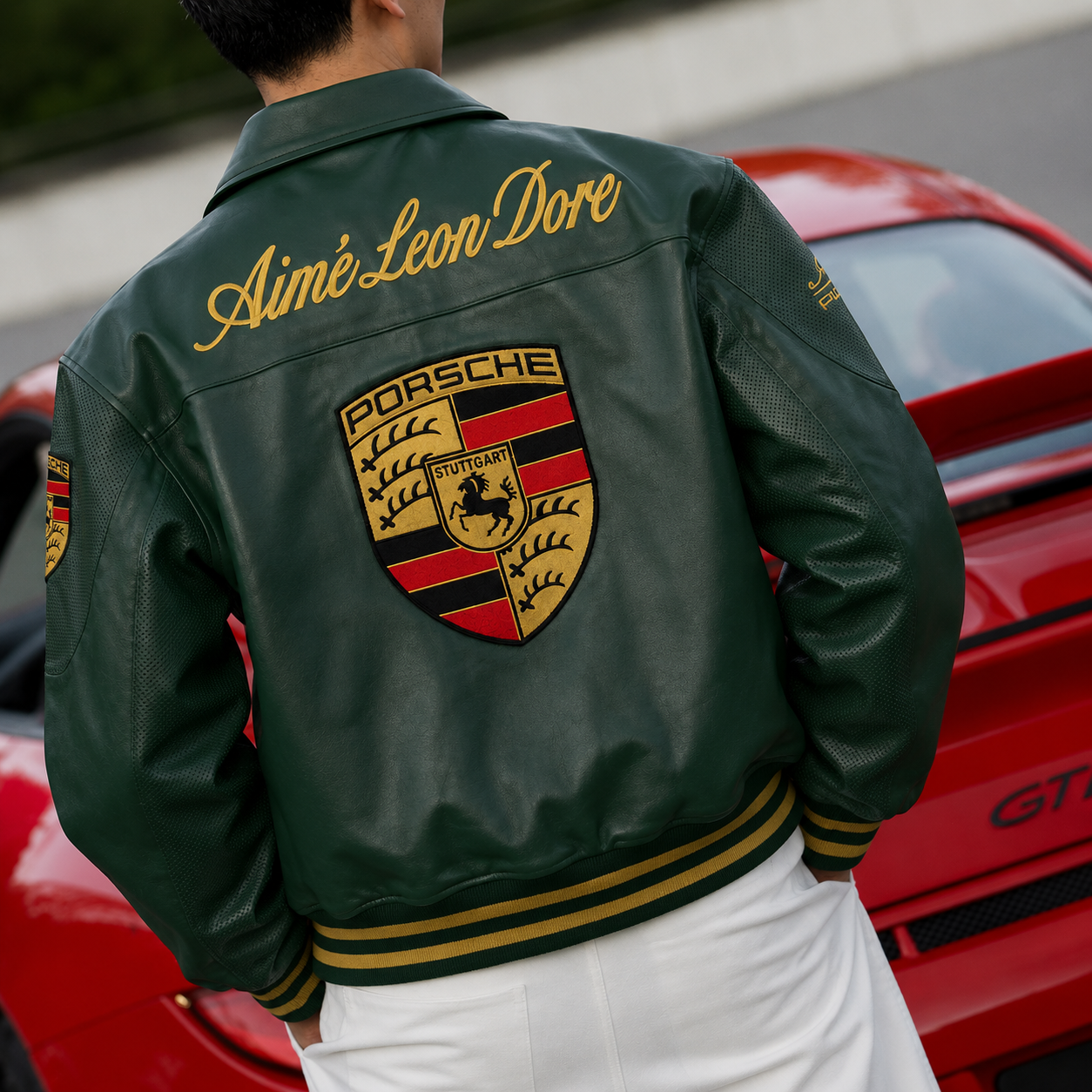 PORSCHE 911 Green ALD Jacket Biker Real Cowhide with Embroidery - Image 2