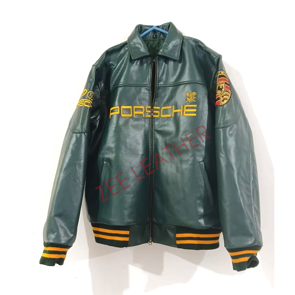 PORSCHE 911 Green ALD Jacket Biker Real Cowhide with Embroidery - Image 3
