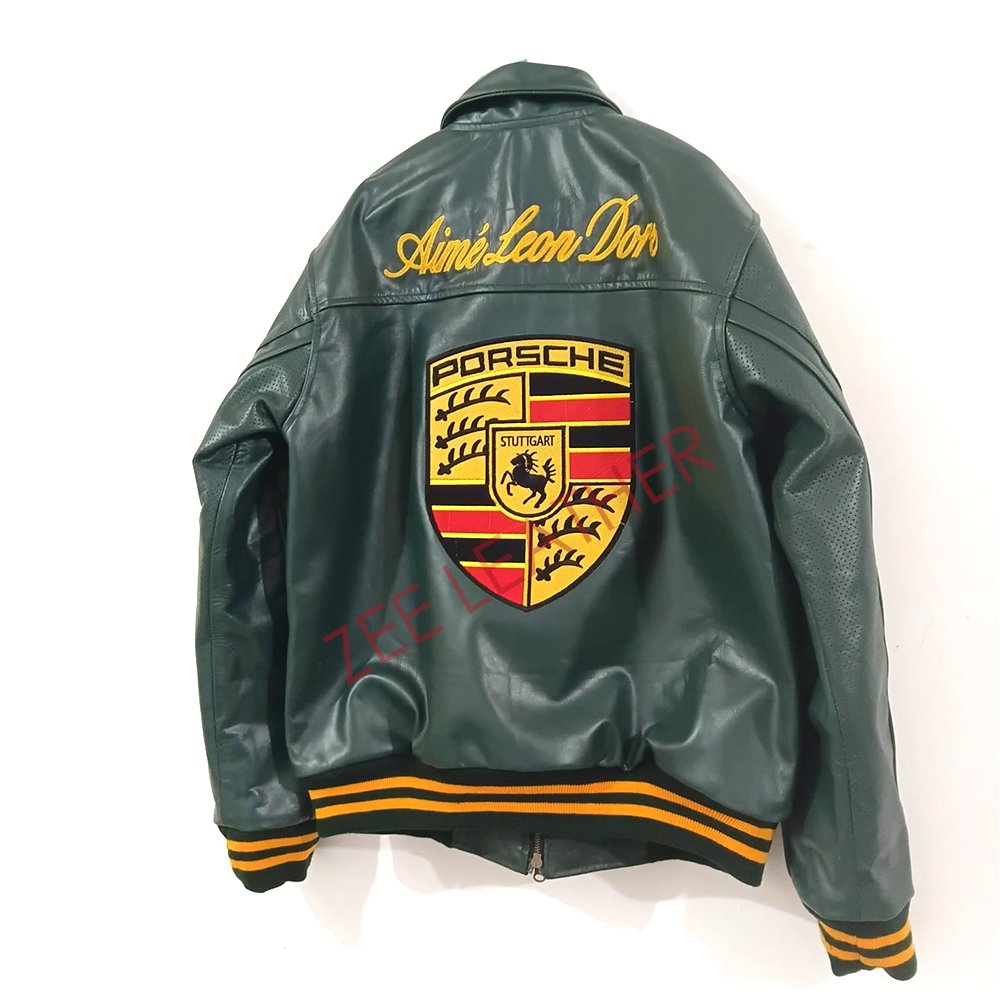 PORSCHE 911 Green ALD Jacket Biker Real Cowhide with Embroidery - Image 4