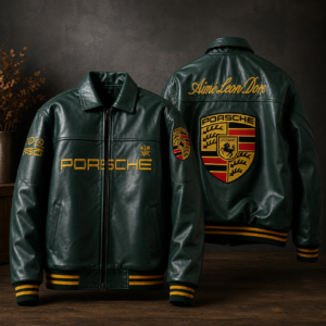 PORSCHE 911 Green ALD Jacket Biker Real Cowhide with Embroidery