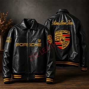 PORSCHE Black ALD Jacket Biker Real Cowhide with Embroidery