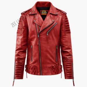Men Wax Red Motorcycle Padded Leather Jacket