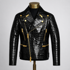 Golden Zip Crocodile Pattren Embossed Cowhide Leather Biker Jacket Blazer