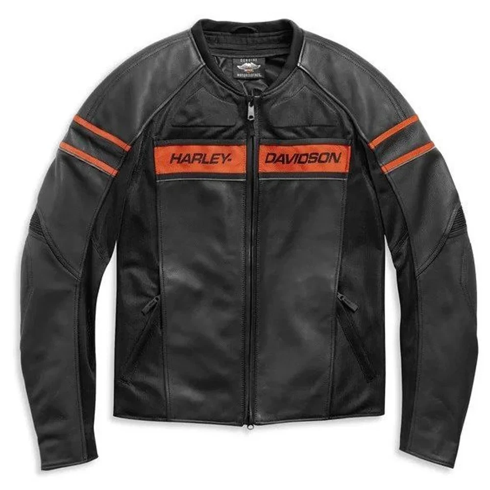 Harley davidson Style Leather Jacket Black and Orange Motorcycle - Image 3